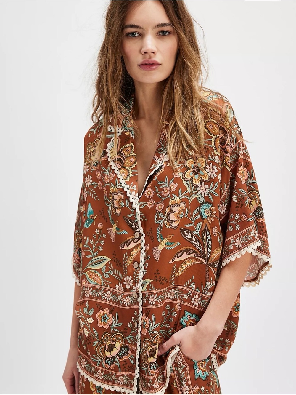 NWT Spell Anthro Brand Floral Print Button-Front Women’s Top Size L Retail $229